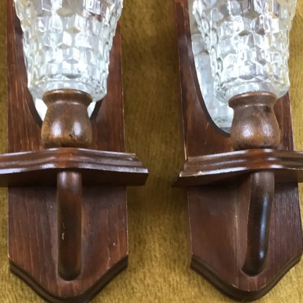 Vintage Home Candles Sconces Wall Mirrors Wood And Glass Pair